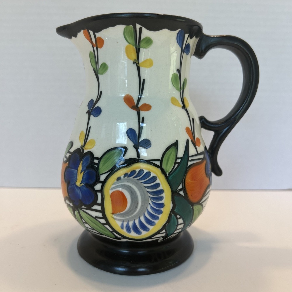 Ditmar Urbach Czech Pottery Pitcher ArtDeco Bohemian Hand Painted Floral Vintage